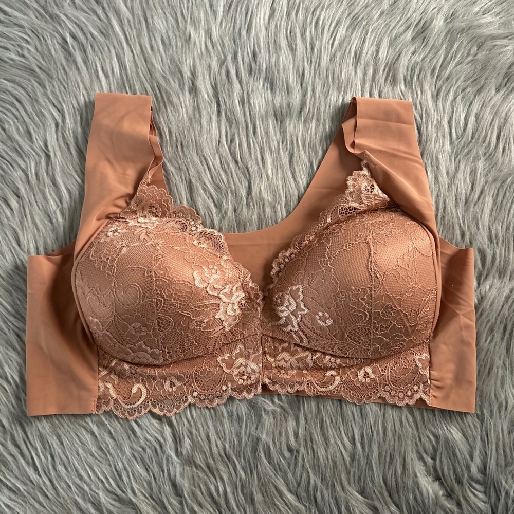 Wireless Bralette Womens Size XXXL Tan Floral Lace Front Closure Bra Wirefree